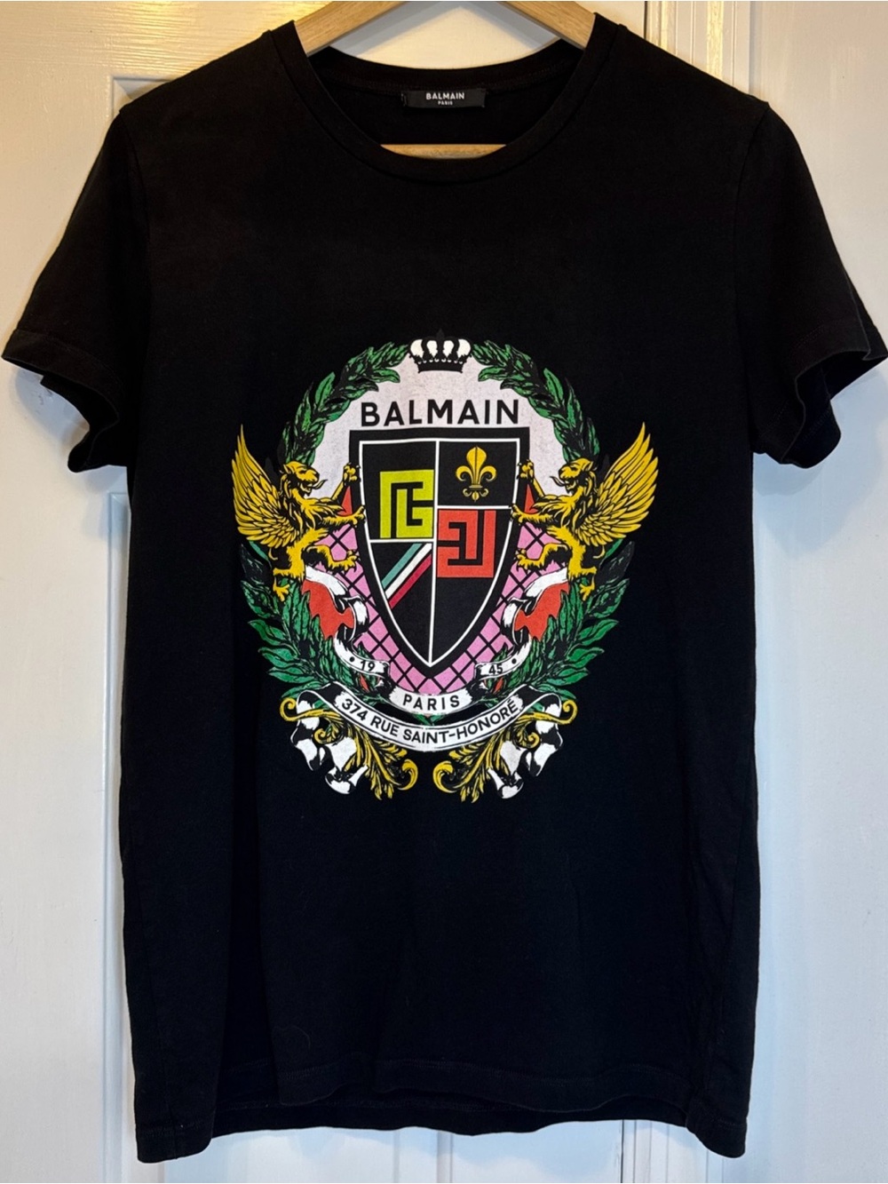 Balmain Black Graphic Print Crew Neck T-Shirt Mens Size Sm “374 Rue St.Honore”